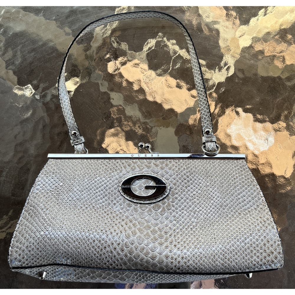 GUESS Vintage White Snakeskin Dainty Clutch Shoulder Bag Purse Silver Hardware